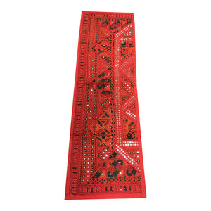 Mogul Interior - Consigned Antique Fabric, Red Sari Mirror-Work Sequin Embroidered Tapestry - Table Runners