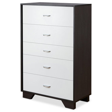 Contemporary Vertical Dresser, 5 Spacious Drawers With Curved Handles, White