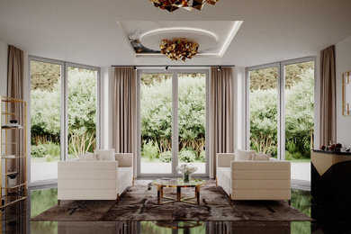 Immagine di un grande soggiorno con sala formale, pavimento in marmo, pavimento nero e soffitto in carta da parati