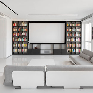 Design ideas for a medium sized contemporary home cinema in Milan with white walls, white floors and a projector screen.