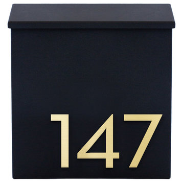 The Inbox Wall Mounted Mailbox  + House Numbers, Lock Included, Outgoing Flag, Black