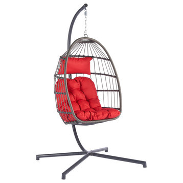 Patio Swing Egg Chair Folding Hanging Chair With Pillow and Stand, Red