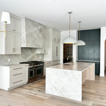Accessible Beige Kitchen with Taj Mahal Quartzite Hood