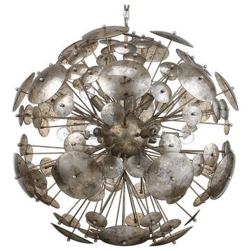 Mottled Mercury Glass Metal Atomic Burst Chandelier Sputnik 12 Light Sculptural