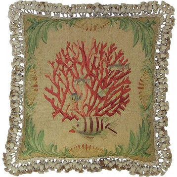 Aubusson Throw Pillow 20"x20" Fish Coral Seaweed Handwoven Wool