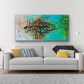 Large blue green abstract art Modern Contemporary Paintings for Family Room