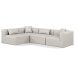 Meridian Furniture - Cube Upholstered Modular Sectional, Cream, 4-Piece: 2 Armless Chair, 2 Corner Chair, Vegan Leather - Elevate your space with the luxurious Cube Vegan Leather Modular Sectional. This modular sectional exudes modern elegance, charm, and comfort making it a perfect addition to any contemporary living space. Its clean lines and cube shape are reminiscent of minimalist design, while the plush cream vegan leather upholstery adds a touch of luxury and sophistication. The chair's versatile construction and geometric aesthetic seamlessly integrate into various design styles, from sleek living rooms to chic home offices, embodying the essence of modern design and creating a sense of order and tranquility in your space.