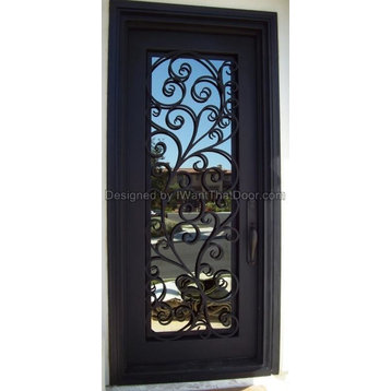 Tuscany Iron Door, 42"x96", Square Top, Sandblast Glass, Right Hand Inswing
