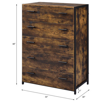 Industrial Vertical Dresser, 5 Drawers With Double Bar Pulls, Rustic Oak/Black