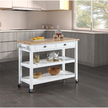 American Heritage Butcher Block Top Kitchen Cart in White Wood Finish