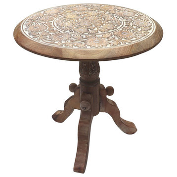 Intricately Carved Round Top Wooden Stool with pedestal Base, Antique White