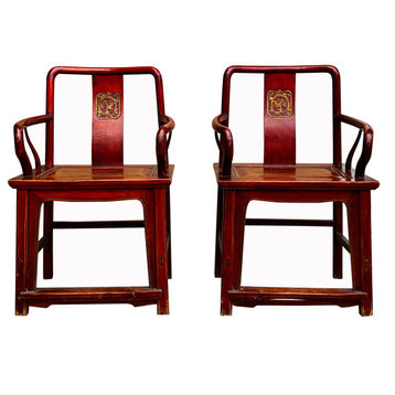 Pair Chinese Vintage Motif Carving Accent Brown Stain Armchairs Hcs7569