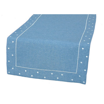 Polka Dot Embroidered Easy Care Table Runner, 16"x34", Chambray