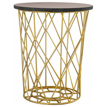 Modern Open Wire Work Design Round Side Table in Gold Finish Drum Shaped Base