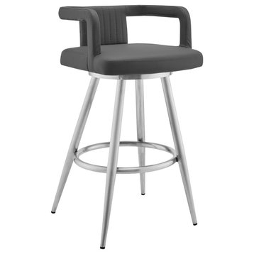 Gabriele 30" Gray Faux Leather and Brushed Stainless Steel Swivel Bar Stool