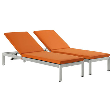 Shore Chaise With Cushions Outdoor Aluminum, Set of 2, Silver/Orange