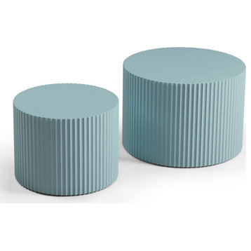 Set of 2 Modern Coffee Table, Round Design With Surrounding Line Accents, Blue