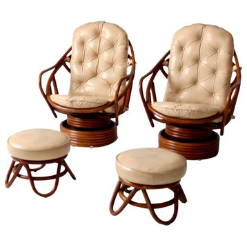 Consigned, Mid-Century Rattan Swivels Chairs and Ottomans, 4-Piece Set
