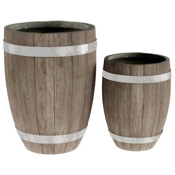2-Piece Barrel-Shaped Pot Set with Metal Trim Fiber Clay Planters
