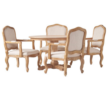 Absaroka French Country Fabric Upholstered Wood 5-Piece Dining Set, Natural/Beige