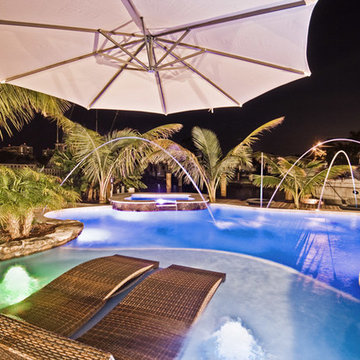 LED Lights on Lagoon/Freeform Pool With Sun Shelf and Bar Area in Fort Lauderdal