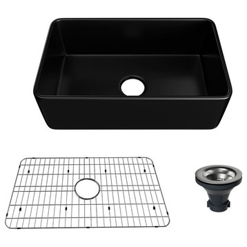 Curved Single Bowl Fireclay Farmhouse Apron Kitchen Sink with Grid and Drainer