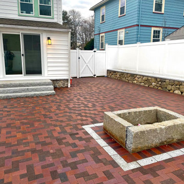 Outdoor Brick Patio w/Reclaimed Granite Firepit & Sitting Wall