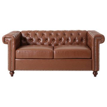 Timber Contemporary Button Tufted Loveseat with Nailhead Trim, Cognac + Espresso
