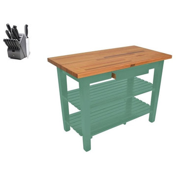 John Boos Oak Classic Country Table 48x25 and Henckels Knife Set, Basil, Two Shelves, No Drawer, Casters