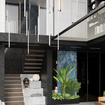 Modern penthouse apartment with hammock and library in the living room