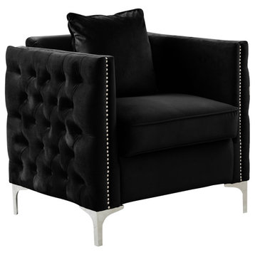 Bayberry Velvet Accent Arm Chair with Pillow, Black