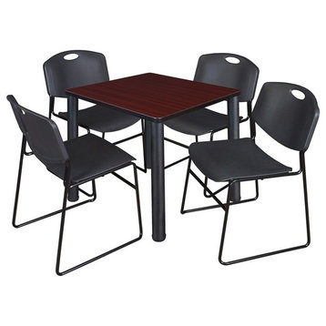 Kee 30" Square Breakroom Table, Mahogany/ Black and 4 Zeng Stack Chairs, Black