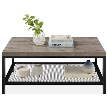 44in Modern Coffee Table, Large 2-Tier Industrial Rectangular Wood Grain Top