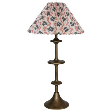 15.75" Round Metal Candlestick Table Lamp, Pleated Cotton Ikat Shade, Multi