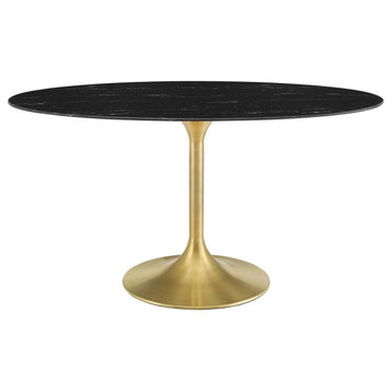 Dining Table, Oval, Artificial Marble, Metal, Gold Black, Cafe Bistro Restaurant