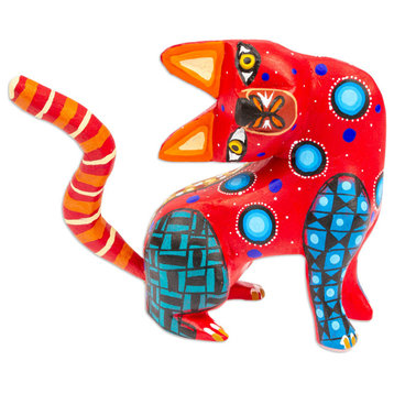 Novica Handmade Crimson Feline Questions Wood Alebrije Figurine