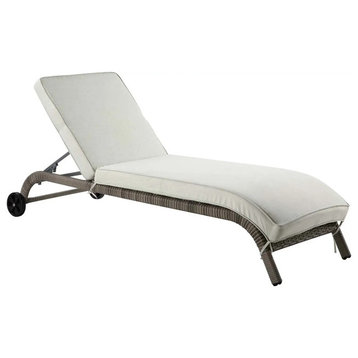 Patio Lounge Chair, Wicker Covered Frame With Wheel & Cushioned Seat, Beige/Gray