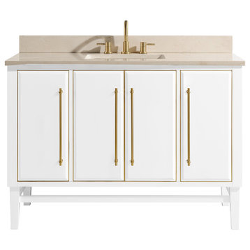 Avanity Mason 48 in. Vanity in White with Gold Trim and Crema Marfil Marble Top
