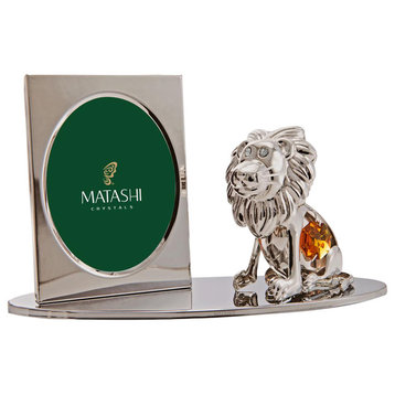 Silver Plated Picture Frame With Crystal Studded Cartoon Lion Figurine On A Base