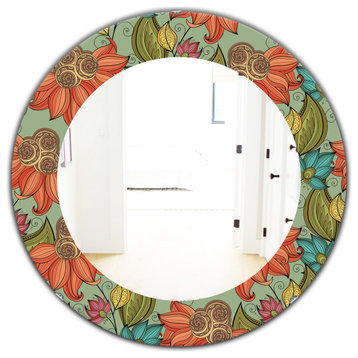 Designart Colorful Floral I Bohemian Frameless Oval Or Round Wall Mirror, 32x32