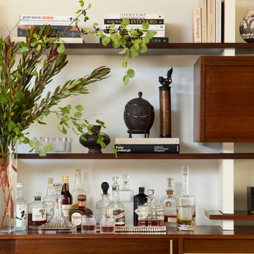 Midcentury Modern Home Bar Design with Open Shelving
