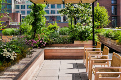 Ejemplo de terraza minimalista grande en azotea con cocina exterior, pérgola y barandilla de varios materiales