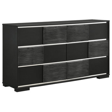 Contemporary Double Dresser, Chambered Drawers With Brushed Chrome Knobs, Black