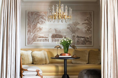 Enclosed dining room - traditional carpeted enclosed dining room idea in New York with gray walls