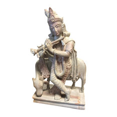 Consigned Standing Krishna Playing Flute With Cow Yoga Sculpture Hindu God Love