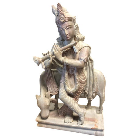 Consigned Standing Krishna Playing Flute With Cow Yoga Sculpture Hindu God Love