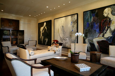 Inspiration for a large transitional dark wood floor living room remodel in Chicago with beige walls, no fireplace and no tv