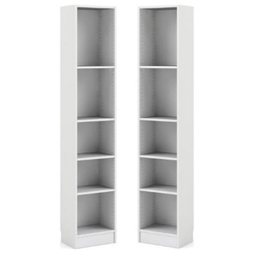 Home Square Tall Narrow 5 Shelf Wood Bookcase Set in White (Set of 2)
