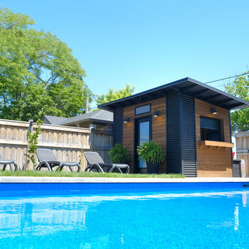 Modern Pool Shed in Hamilton Ontario with a Rollup Bar