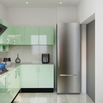 Sleek Mint Kitchen Cabinetry with Stainless Steel Fridge